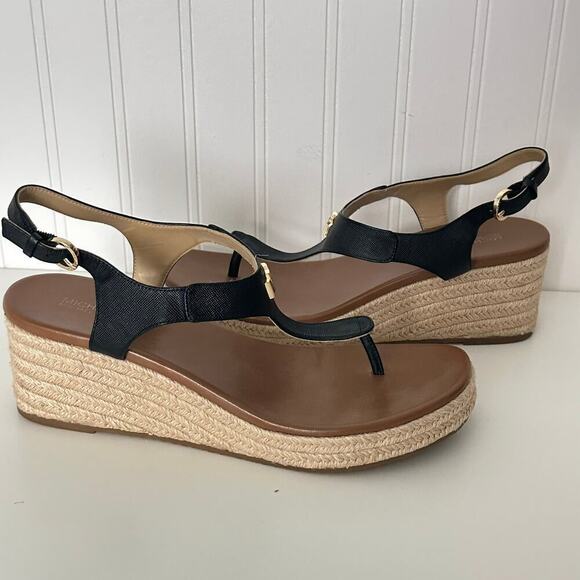 Michael Kors Laney Saffiano Leather Espadrille Wedge Sandals in Black (11) - Picture 10 of 14